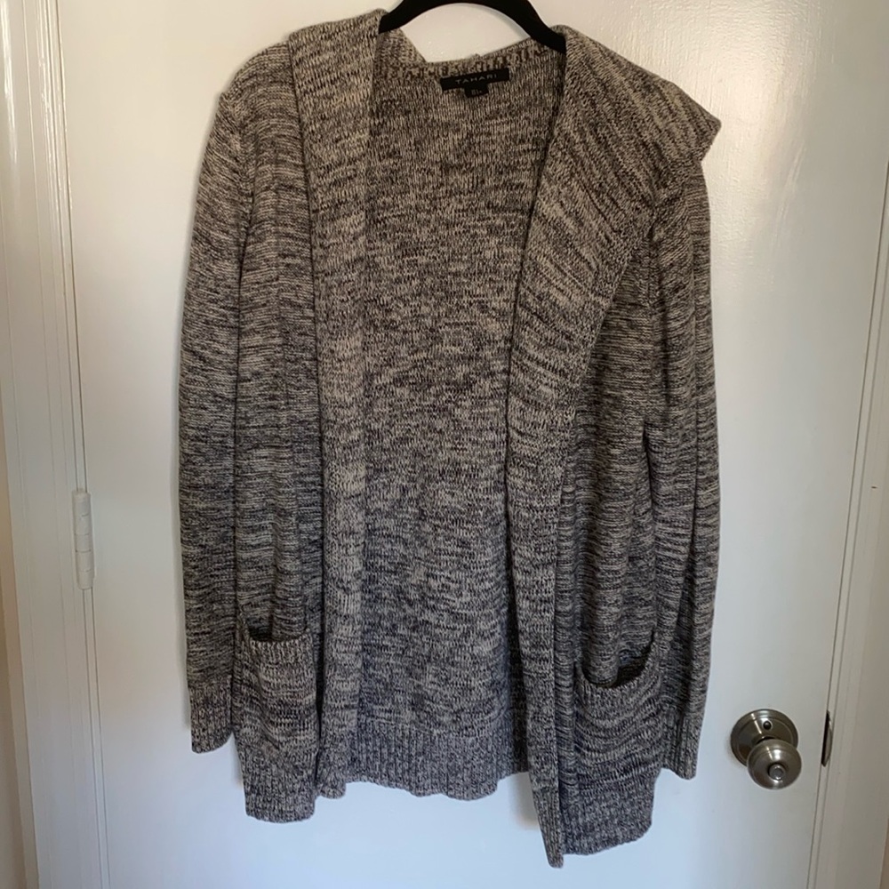 Gray and White Size large tahari hooded cardigan with pockets